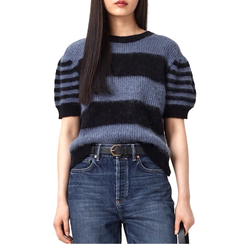 AllSaints Clem Striped Knitted Sweater Blue Black Short Sleeve Mohair Wool Large